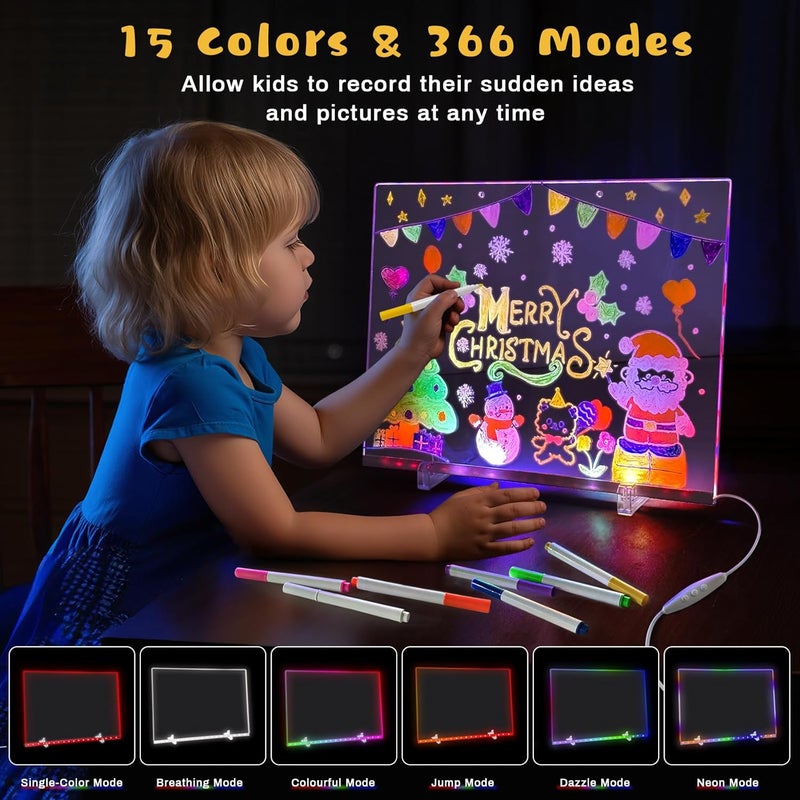 VEEKI Acrylic Dry Erase Board with Light, 13.7"x10" 15 Colors LED Note Board with Remote & 366 Modes, Dimmable Light Up Message Board Desktop Memo Board, LED Drawing Board for Kids Girls Boys (Remote) - Image 2
